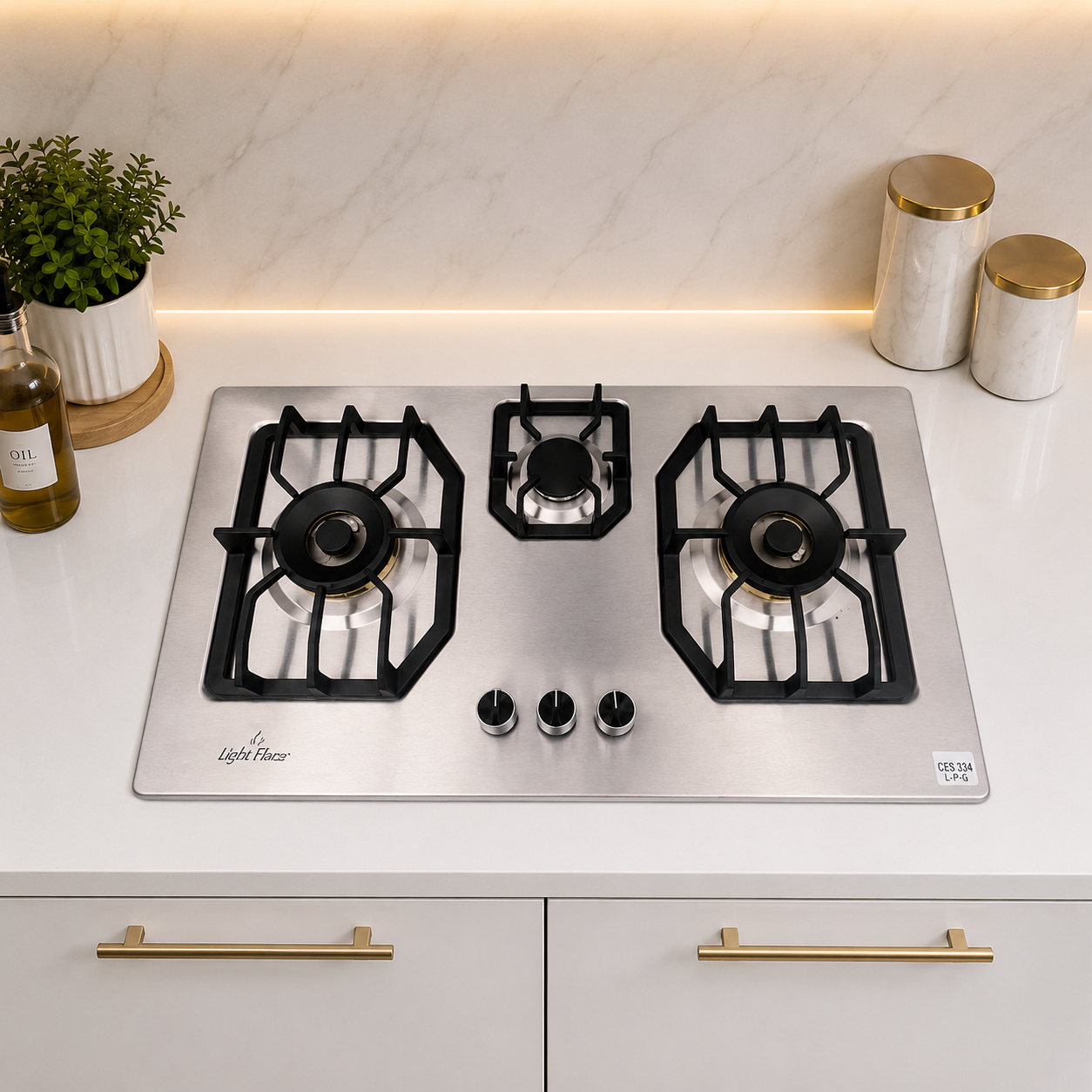 Premium Built-In 3 Burner Gas Hob – Model CES-334 | Heavy Gauge Steel | Brass Burners | Auto Ignition | By Ameer