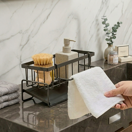 Premium Kitchen Sink Organizer Caddy with Towel Holder – Black Metal Storage Rack | By Ameer