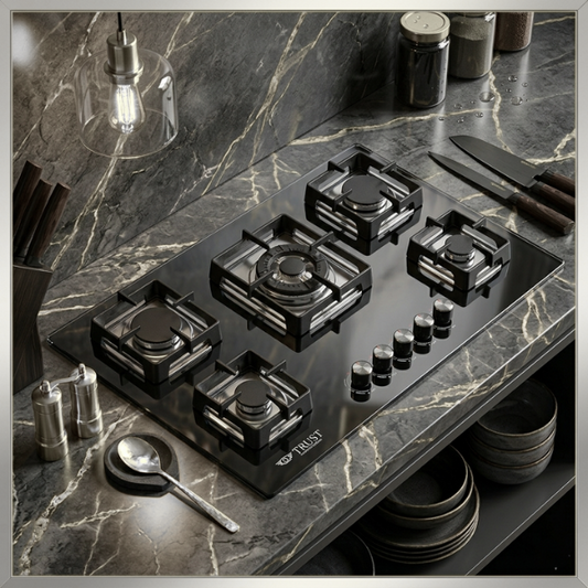 Premium Built-In 5 Burner Glass Top Gas Hob – Model 3456 G | Luxury Black Finish | By Ameer