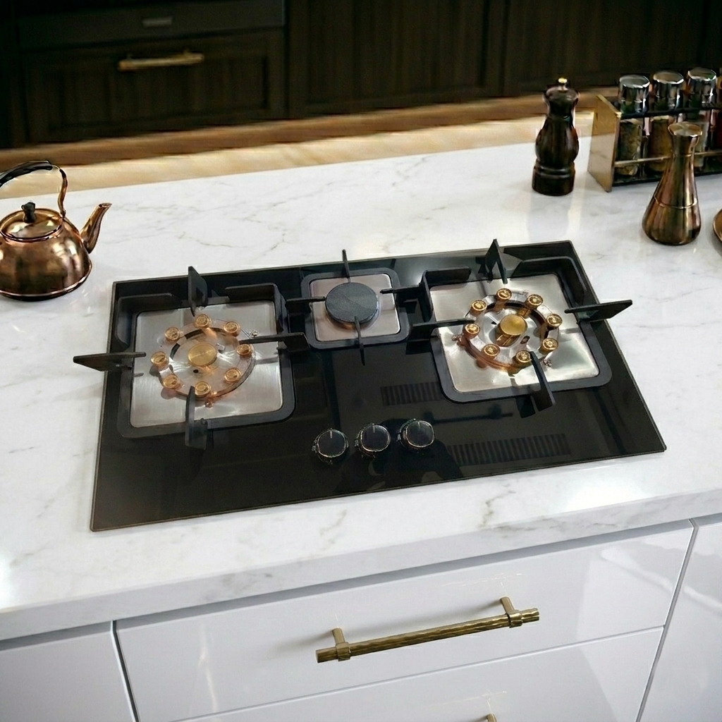 Premium Built-In 3 Burner Gas Hob – Model GHGDL-910 NG | Tempered Glass | Brass Burners | Auto Ignition | By Ameer