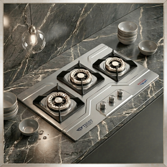 Premium Built-In 3 Burner Gas Hob – Model 3103 SBK | Brass Burners | By Ameer
