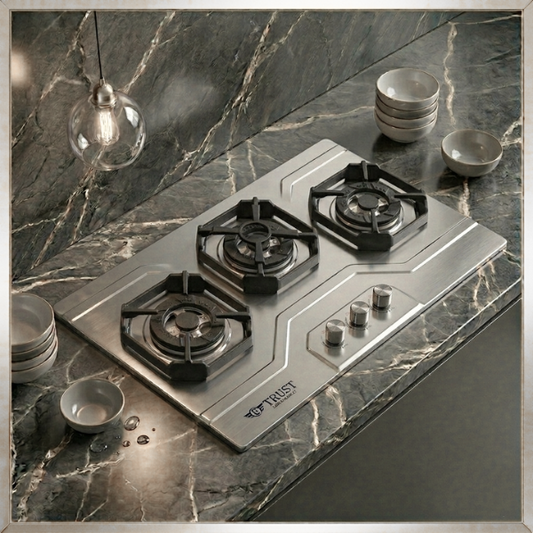 Premium Built-In 3 Burner Gas Hob – Model 2104 S | Heavy Gauge Steel Body with Auto Ignition | By Ameer
