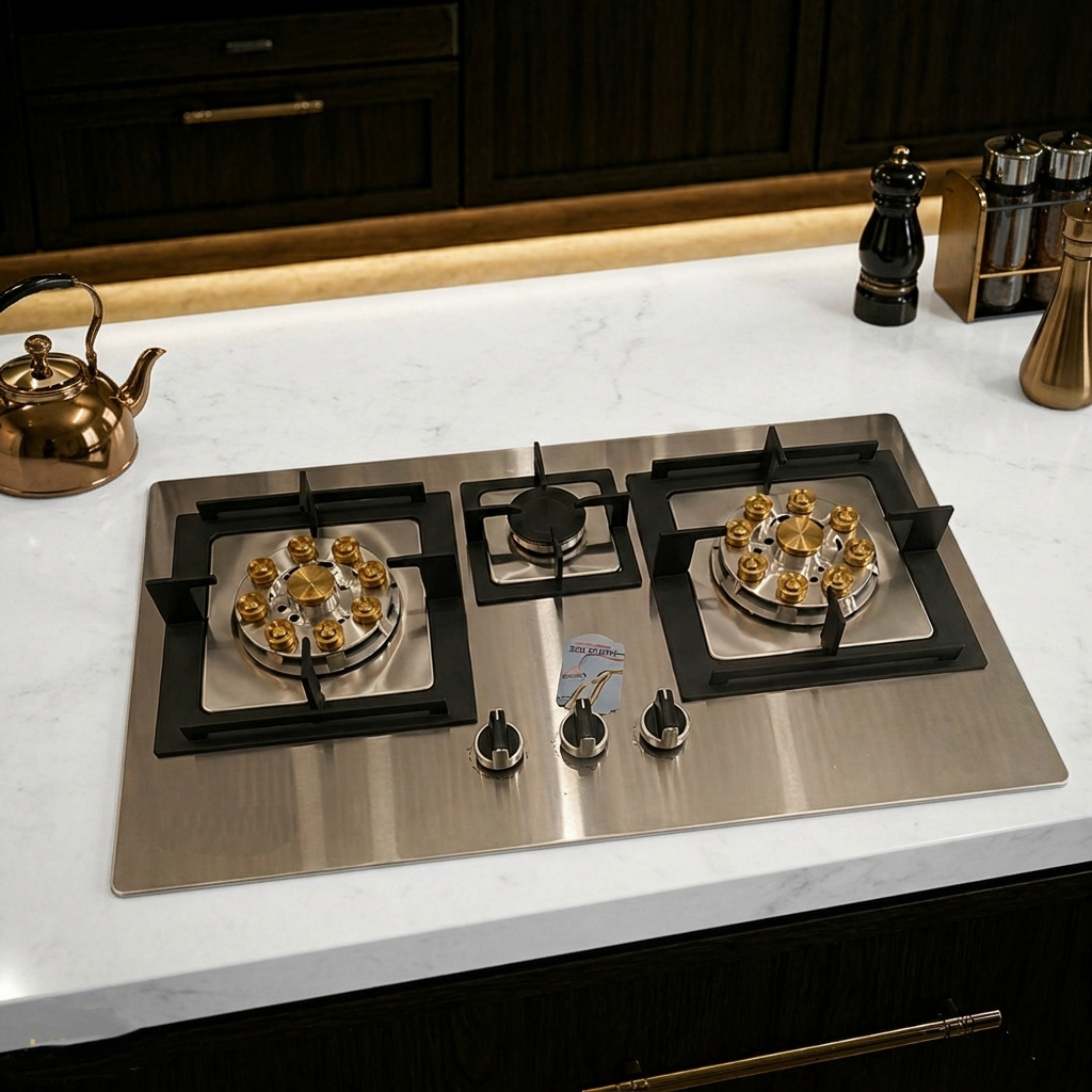 Premium Built-In 3 Burner Gas Hob – Model 3092-SBK | Heavy Gauge Steel | Brass Burners | Auto Ignition | By Ameer