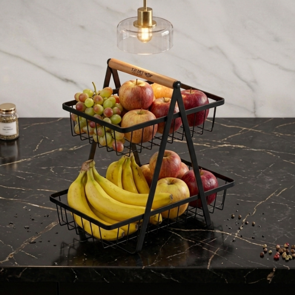 Premium 2-Tier Multi-Purpose Storage Basket Rack – Fruit, Books & Kitchen Organizer Stand | By Ameer