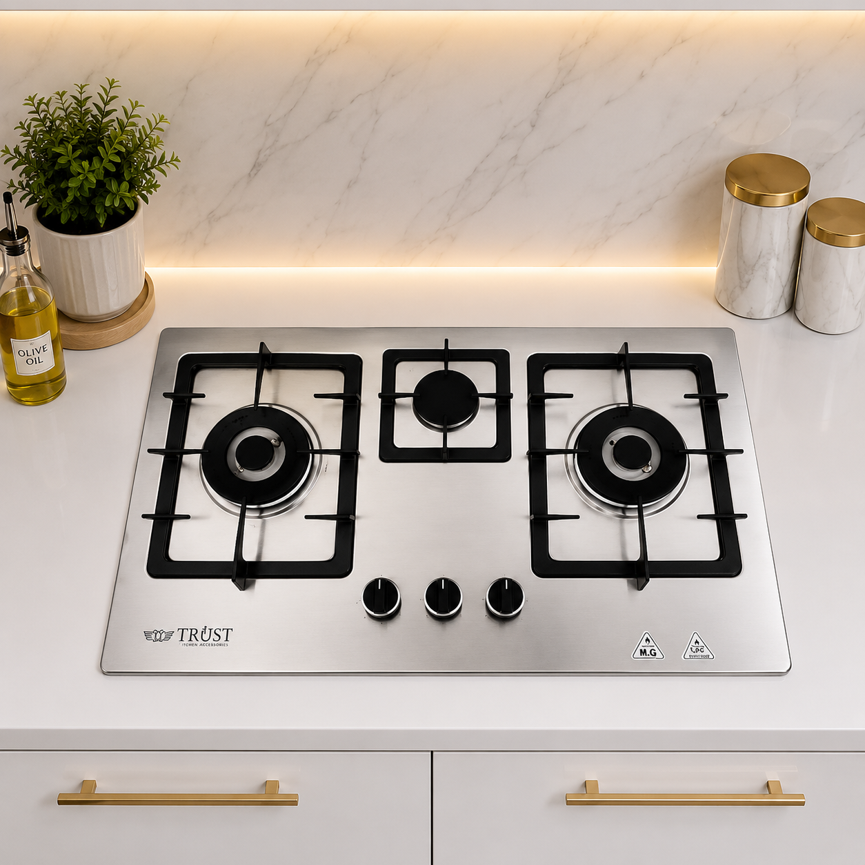 Premium Built-In 3 Burner Gas Hob – Model 3468 | Heavy Gauge Steel | Brass Burners | Auto Ignition | By Ameer