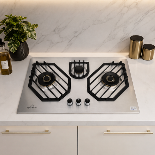 Premium Built-In 3 Burner Gas Hob – Model CSF 331  | Large Size | Brass Burners | Heavy Steel | Auto Ignition | By Ameer