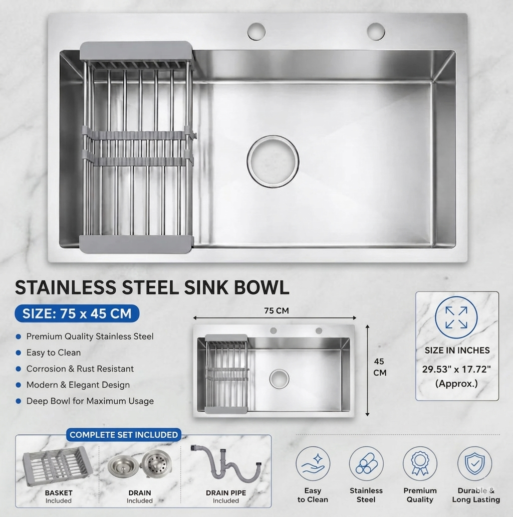 Premium Stainless Steel Kitchen Sink 75×45 CM | Complete Drain & Basket Set | By Ameer