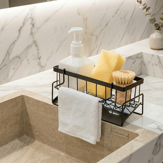 Premium Kitchen Sink Organizer Caddy with Towel Holder – Black Metal Storage Rack | By Ameer