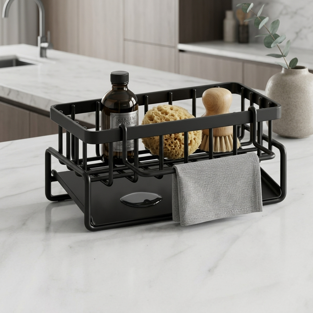 Premium Kitchen Sink Organizer Caddy with Towel Holder – Black Metal Storage Rack | By Ameer