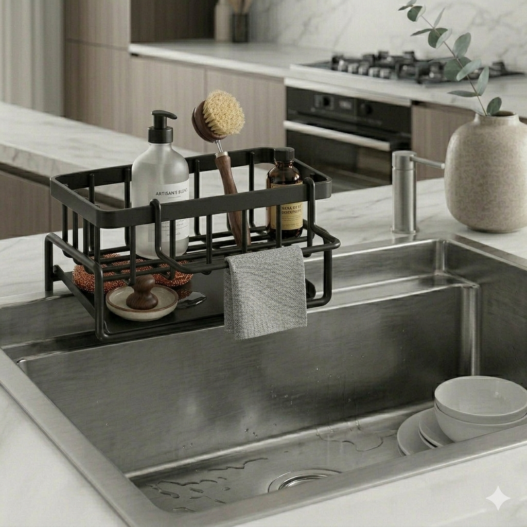 Premium Kitchen Sink Organizer Caddy with Towel Holder – Black Metal Storage Rack | By Ameer