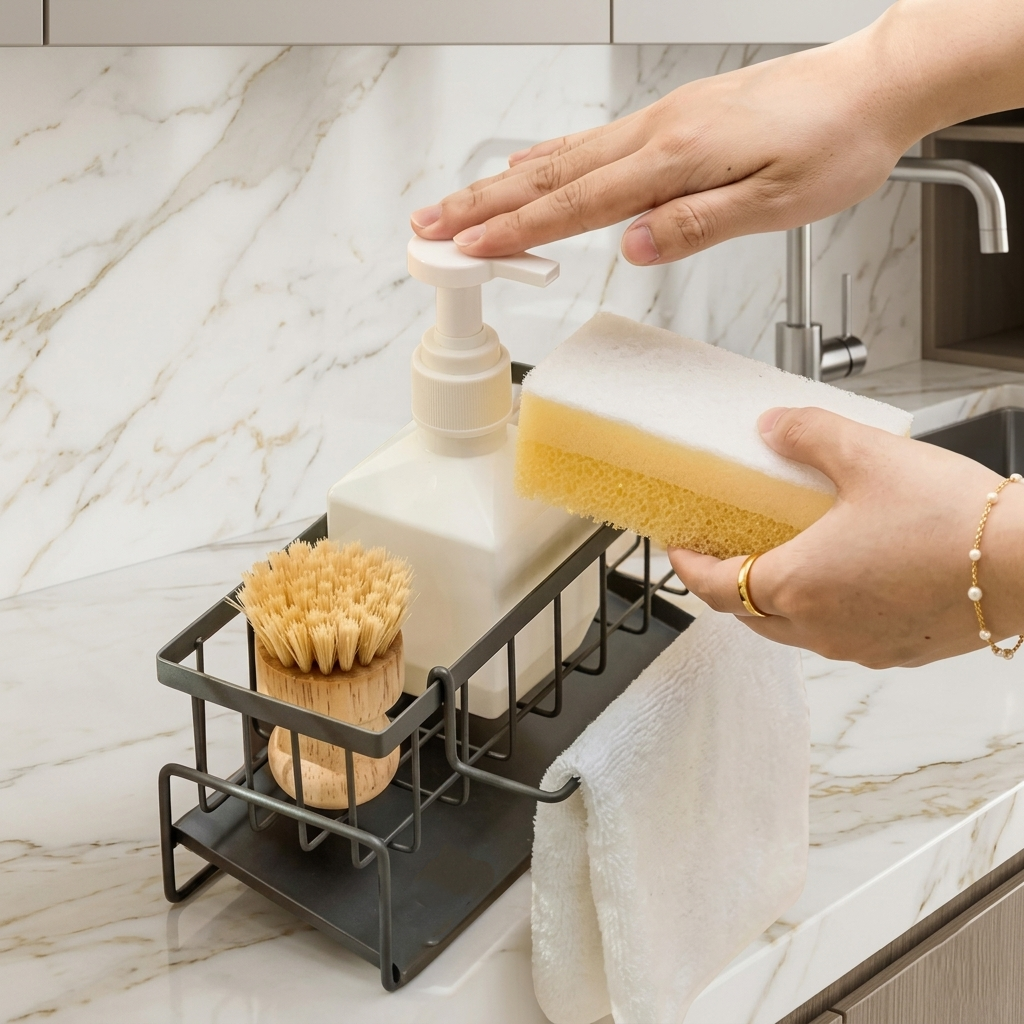 Premium Kitchen Sink Organizer Caddy with Towel Holder – Black Metal Storage Rack | By Ameer