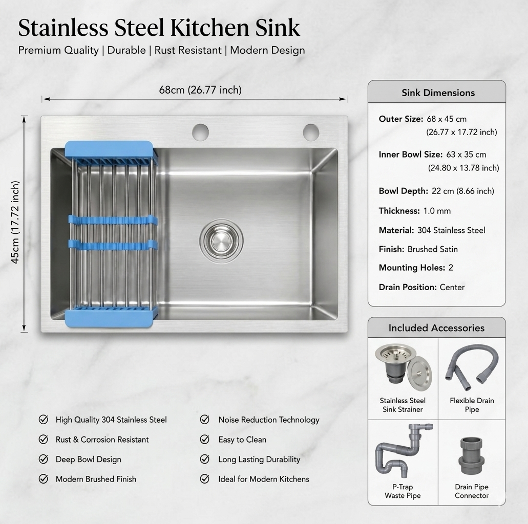 Premium Stainless Steel Kitchen Sink 68×45 CM | Complete Basket & Waste Set | By Ameer