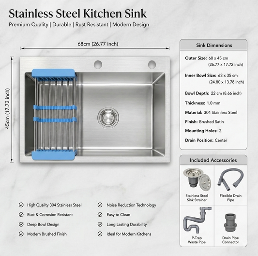 Premium Stainless Steel Kitchen Sink 68×45 CM | Complete Basket & Waste Set | By Ameer